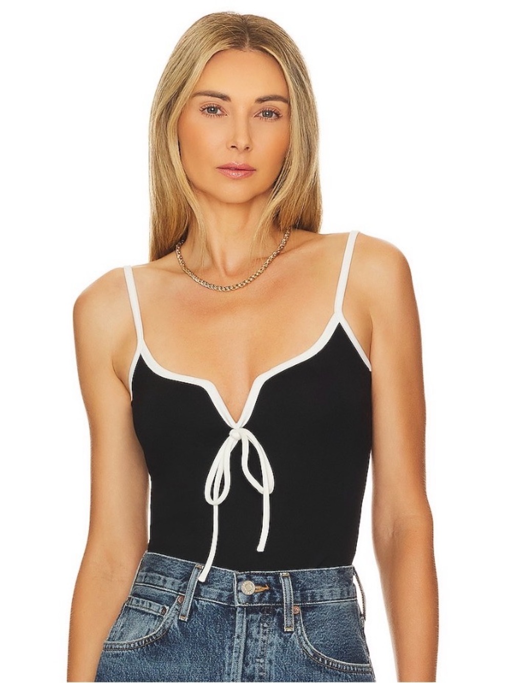 Lovers + Friends Black Camisole with White Trim & Front Tie